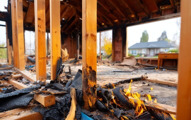 Charred Interior with Soot and Smoky Atmosphere After House Fire Scene