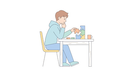Flat vector illustration of a student studying and engaging in educational puzzle activities, promoting cognitive development and problem-solving skills