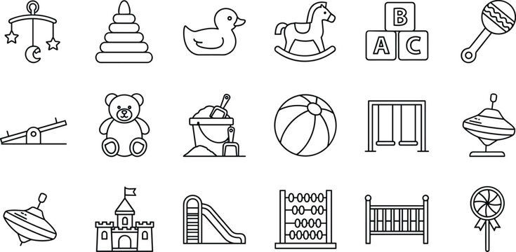Black and white line art vector icon set of children toys and playground equipment including teddy bear, duck, castle, and alphabet blocks