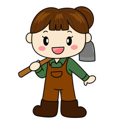 Cute Gardener Girl Character Holding Hoe Farming Cartoon Illustration
