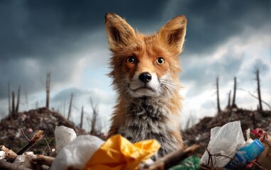 Fototapeta premium Sad Fox with Forlorn Gaze in a Wasteland Surrounded by Trash
