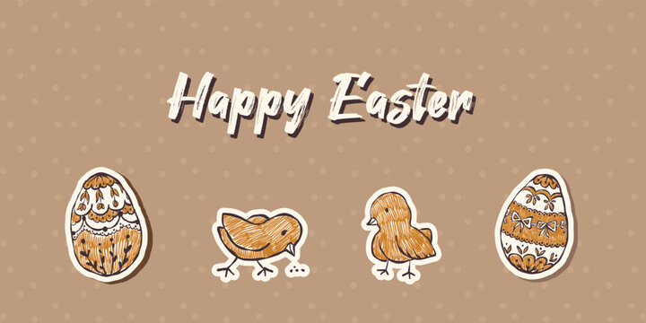 Hand drawn Easter chicken character banner with kraft paper texture. Retro doodle clipart set ideal for invitations, kids designs, banners, and seamless patterns.