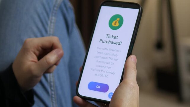 Online Lottery Participation and Winning Chance. Close-up of a person buying a digital raffle ticket on a smartphone. Features the full transaction journey: clicking buy, processing screen, and
