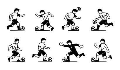 Soccer players demonstrating football skills dribbling passing shooting black and white vector illustration © Md Humaun