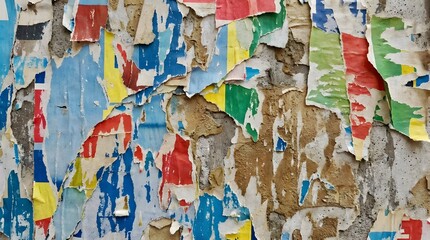 Fototapeta premium A vibrant, abstract display of weathered, torn, and layered old paper posters creating a colorful grunge texture on an urban wall surface.