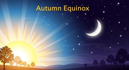 Autumn Equinox illustration with sun and moon, celestial day and night balance landscape, seasonal transition background for astronomical events