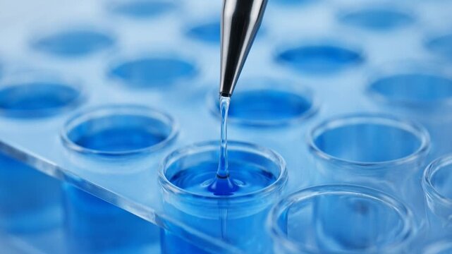 Closeup of a pipette dropping liquid into a blue 96well microplate for laboratory testing and research purposes accurately