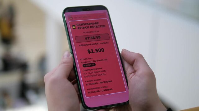 Ransomware Attack Alert on Smartphone Screen. Realistic ransomware attack notification on a mobile device. Red alert screen with countdown timer, extortion demand, and data encryption warning. Perfect