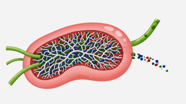 Human kidney nephron anatomy with blood vessels and filtration process.