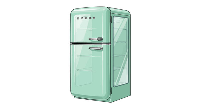 A pastel green smeg refrigerator stands isolated on a white background