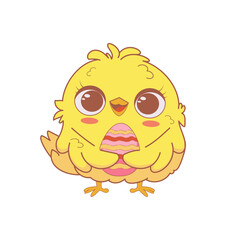 Obraz premium Cute Easter chick holding decorated egg, cartoon baby chicken character clipart for spring holiday design vector illustration