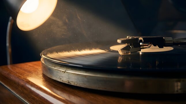 Close-up of a vintage record player stylus dropping onto a spinning vinyl album under warm lamp light.