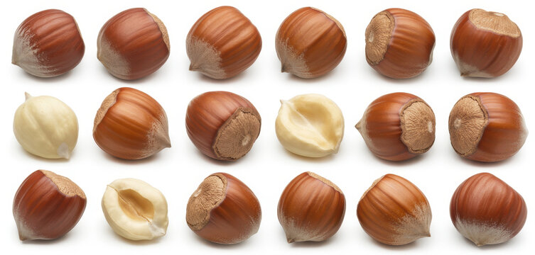 Hazelnuts and hazelnut kernels arranged on white background