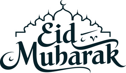 Elegant eid mubarak text with mosque silhouette and crescent moon design Vector © Top Design 