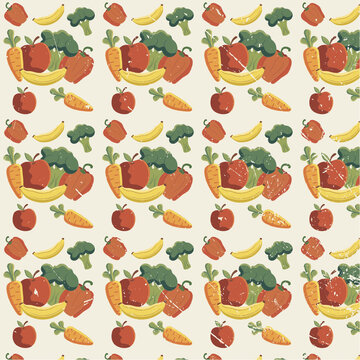  retro pattern of various fresh vegetables and fruits