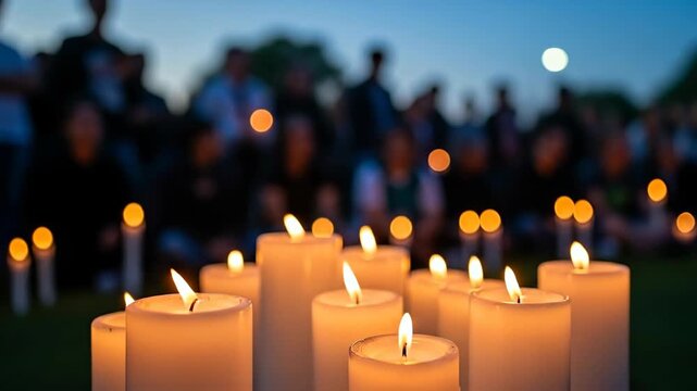 Candlelight vigil with crowd in background at dusk