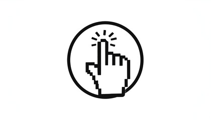 Pixelated hand within a circle, index finger extended to touch, emitting radiating light