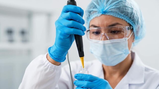 Female scientist in lab coat and protective gear handling pipette and vial