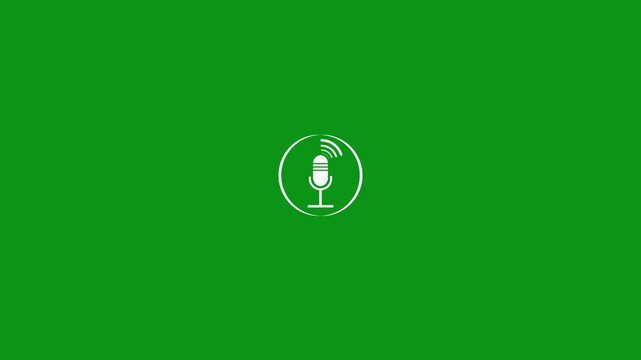 Minimalist microphone voice recording podcast with wave animation. Abstract white microphone button icon on green background. Audio, voice music control concept.
