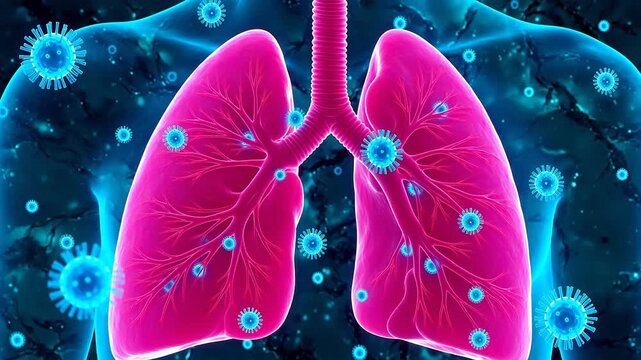 Human lungs with virus particles