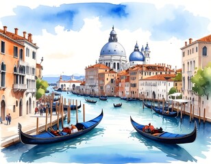 Fototapeta premium Venice Italy Watercolor Painting - Gondolas and Grand Canal.