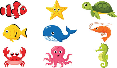Fototapeta premium Cute Ocean Animals Cartoon Set with Clownfish, Whale, Turtle, Octopus, Crab, Seahorse, Starfish, and Shrimp for Kids Marine Illustration.