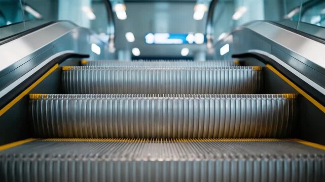 Modern escalator steps moving upwards in a contemporary public building interior, suitable for urban transport, business, travel, shopping, infrastructure.