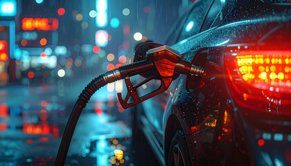 A gas pump nozzle is inserted into a car's fuel tank on a rainy night at a city gas station