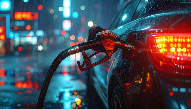 A gas pump nozzle is inserted into a car's fuel tank on a rainy night at a city gas station