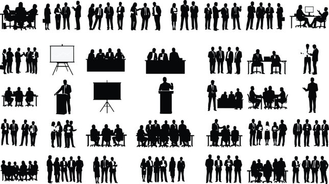 Business people silhouettes collection, corporate team meeting presentation poses set, office worker shadow figures isolated professional illustration bundle