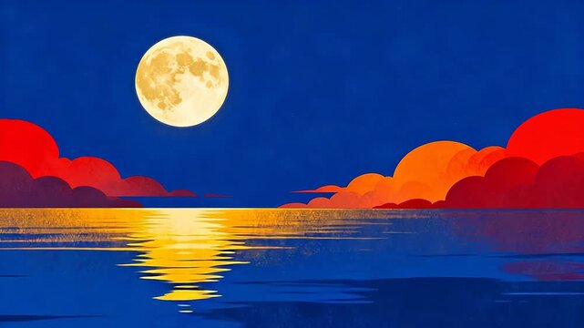 Moonlit sky with colorful clouds and water reflection