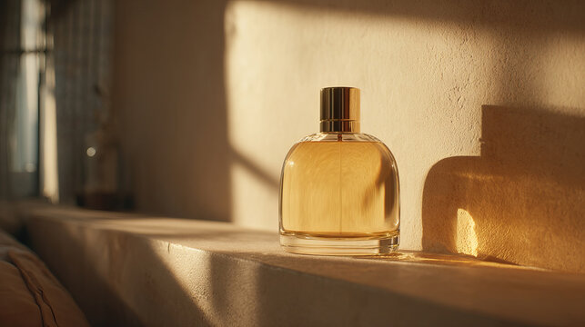 Elegant unbranded perfume bottle on minimalist shelf bathed in warm sunlight and soft bokeh