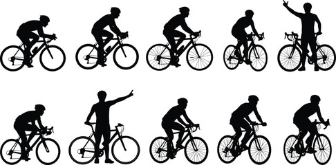 Fototapeta premium Cyclist riding bicycle silhouettes collection, road bike riders in different cycling poses, outdoor sport activity isolated athlete figures set