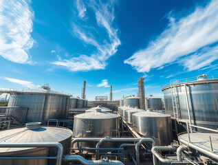 large oil storage tanks at a sprawling industrial refinery, with metallic tanks of varying sizes