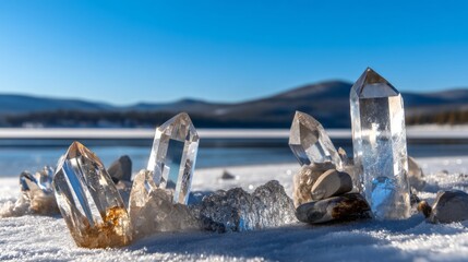 Fototapeta premium Shimmering Quartz Crystals on Snowy Landscape