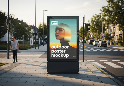 Modern town street vertical billboard advertising mockup