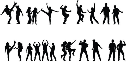 Fototapeta premium Dancing people silhouettes set, men and women party dance poses collection isolated on white background illustration for celebration and night life Dancing people silhouettes set
