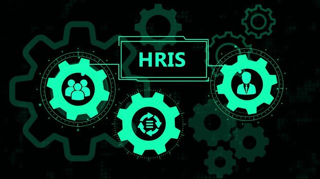 HRIS Human Resources Information System Concept with Digital Gears and Icons Representing Business Process Automation, Workforce Management, and Integrated Corporate Technology Solutions.
