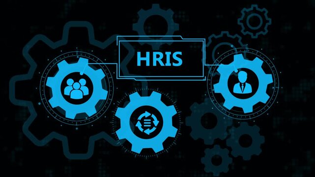 HRIS Human Resource Information System Concept with Digital Gears and Business Icons for Management and Automation Technology.