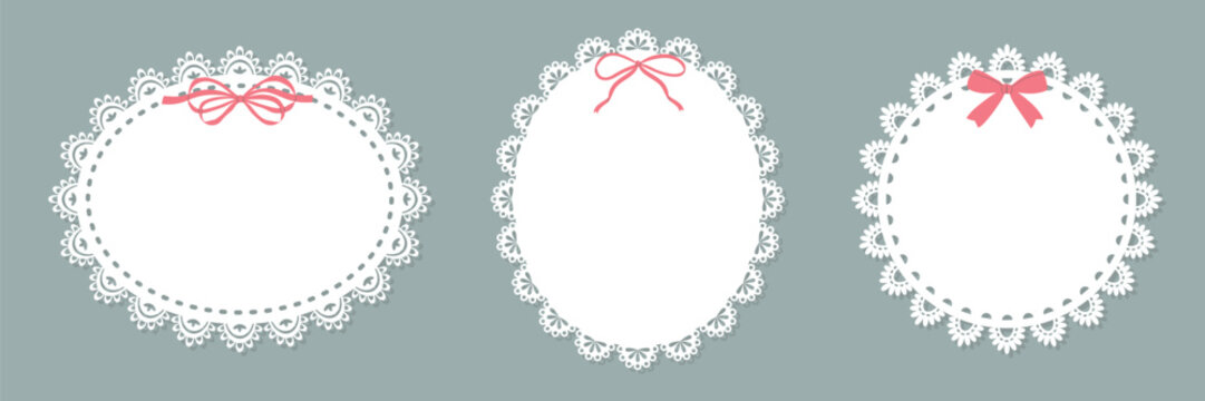 Set of white lace doilies with bows. Paper cutout design. Vintage oval and circle frame collection.