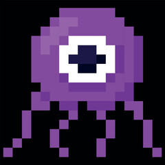 Fototapeta premium Alien character purple octopus with one eye vector pixel art, space monster, mutant astronaut, 8 bit video game UFO