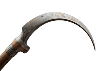 Sickle with a curved blade and worn wooden handle representing harvest, agriculture, and traditional farming tools. Transparent background