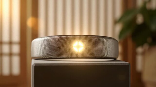 AI meditation wearable pulsing with calming golden light. This clip captures the "Mindful AI" trend of 2026, ideal for mental health, wellness apps, and high-end tech branding.
