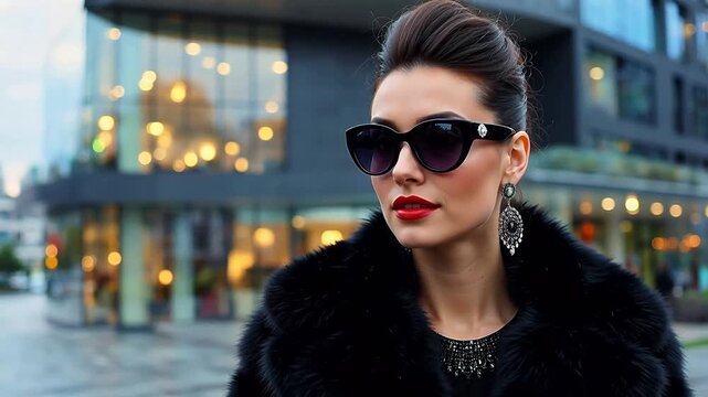 Woman in Fur Coat and Sunglasses on City Street