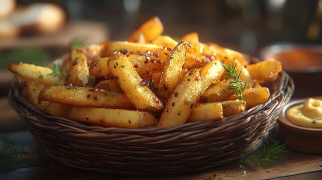 A basket of golden crispy french fries topped with fresh herbs and spices served alongside a small bowl of spicy aioli on a rustic wooden table with warm ambient lighting.