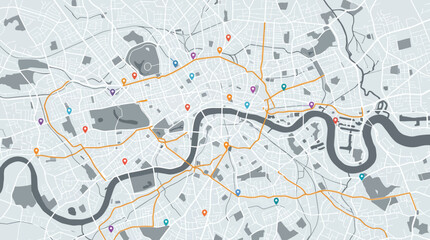 Abstract London City Map with Colorful Location Pins and Main Roads, Navigation and Tourism Concept Illustration for Travel and Urban Planning © wafie studiio