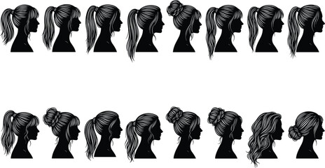 Female head profile silhouettes collection, women ponytail and bun hairstyles set, girl side view shadow portraits isolated illustration bundle © Hello World
