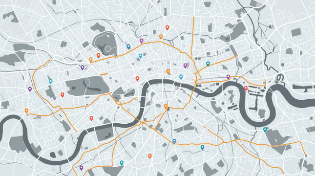 Abstract London City Map with Colorful Location Pins and Main Roads, Navigation and Tourism Concept Illustration for Travel and Urban Planning