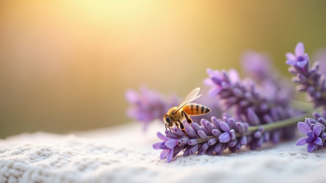 Fresh spring mockup frame with blooming lavender sprigs and honey bee on white linen surface, bokeh soft warm background