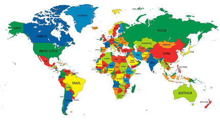 Obraz premium Colorful Political World Map with Country Names and Borders. Detailed 2D geographic illustration of the globe for education, travel, and business infographics.